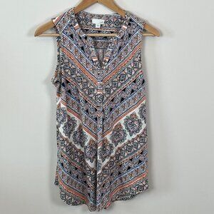 J.Jill Sleeveless Split neck Blue, Orange, White Tunic Top with Pockets Women -S